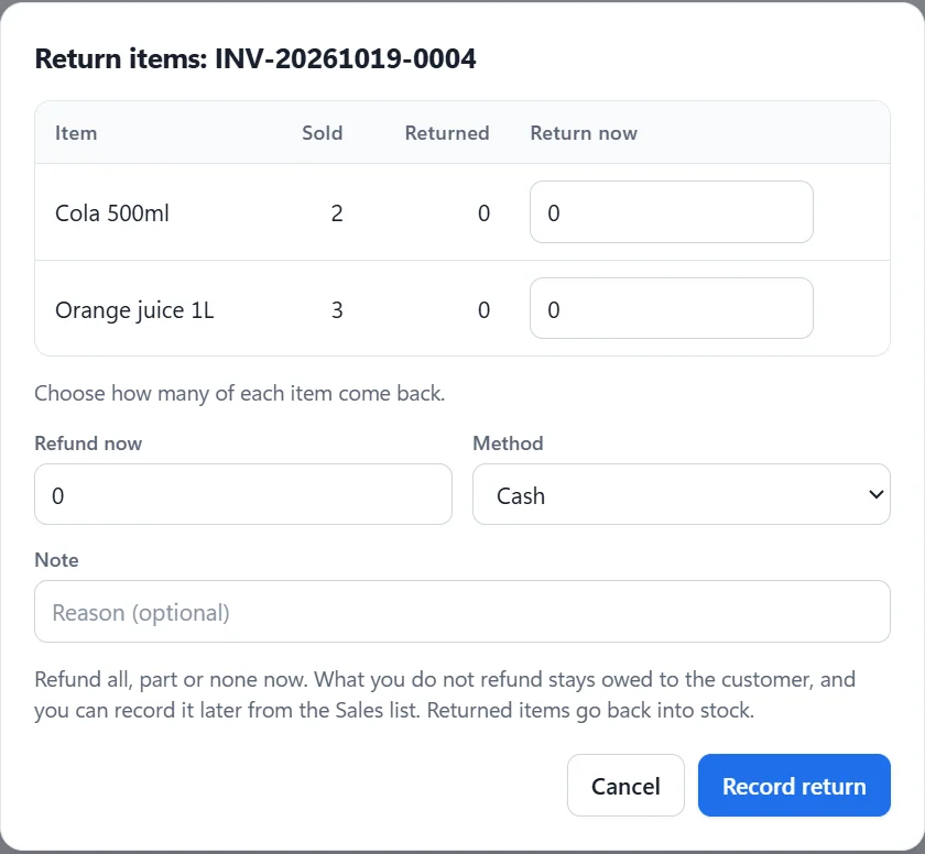 Returning part of a sale: choose how many of each item come back